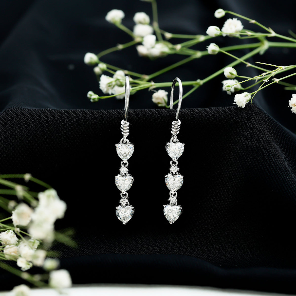Heart and Round Shape Moissanite Dangle Earrings