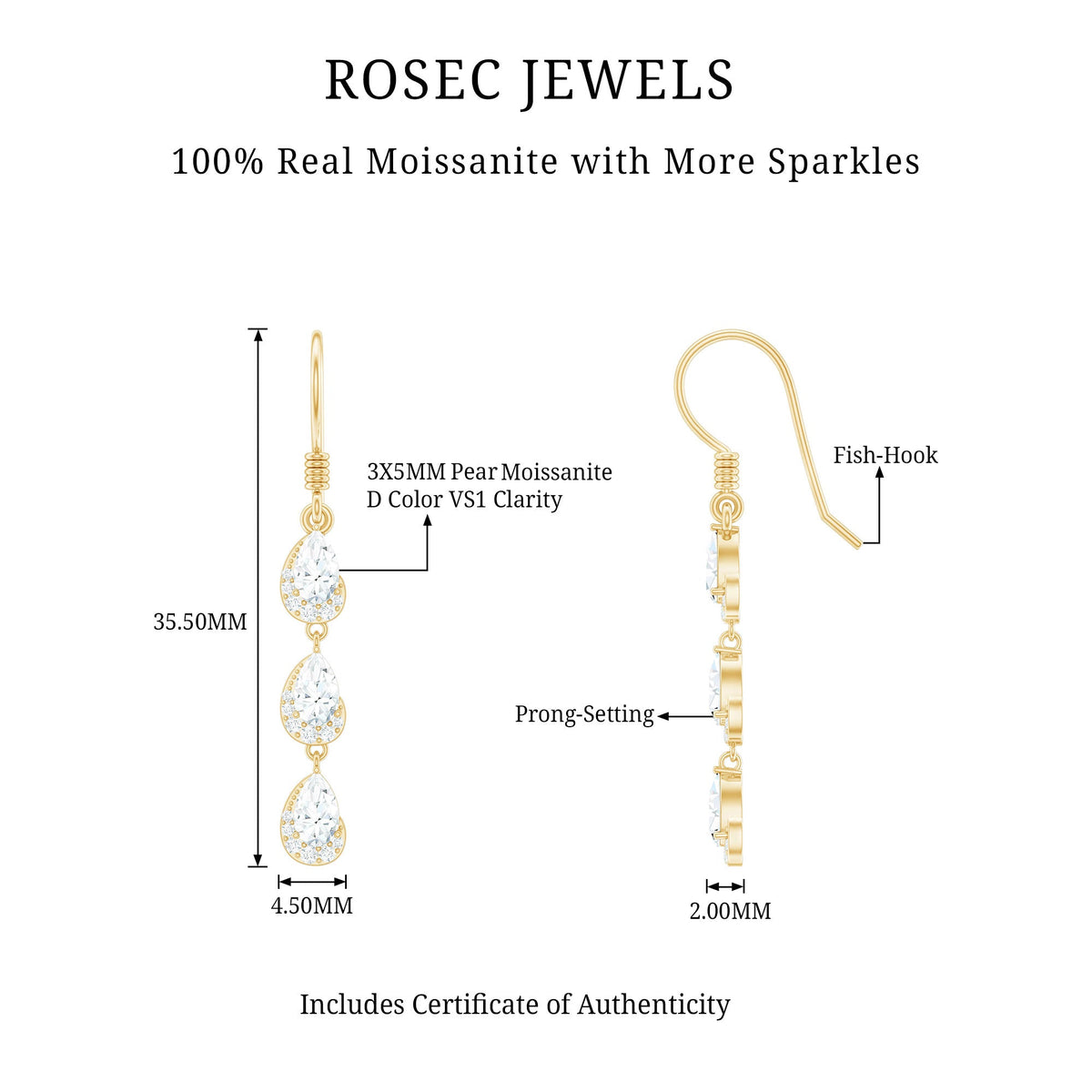Certified Moissanite Dangling Wedding Earrings for Bride