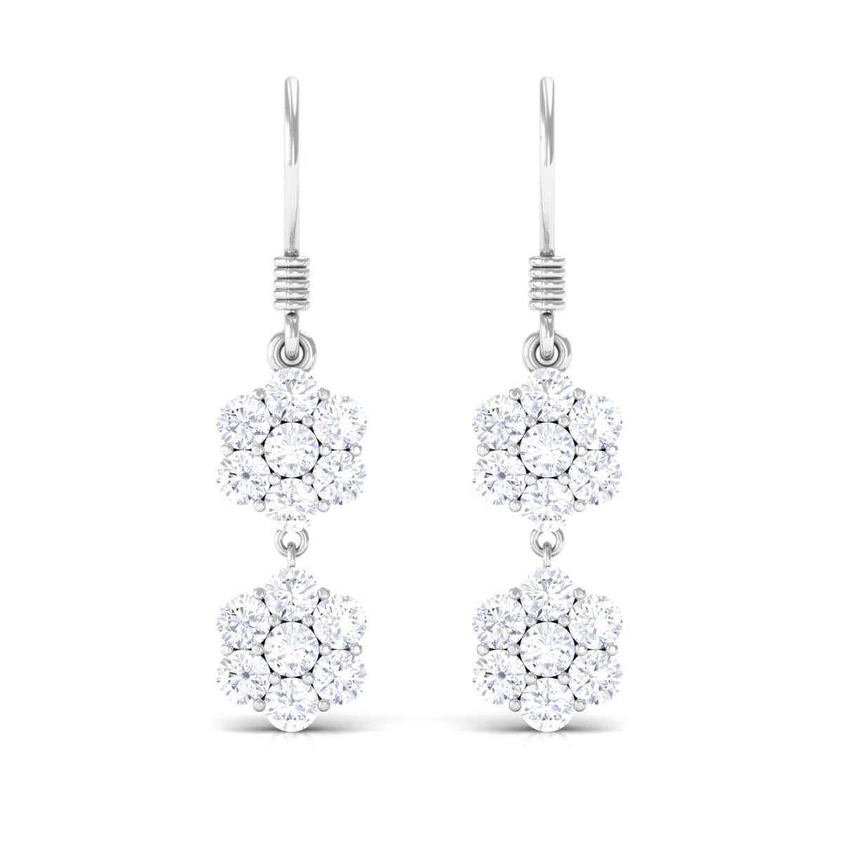 Certified Moissanite Double Flower Dangle Earrings with Fish Hook