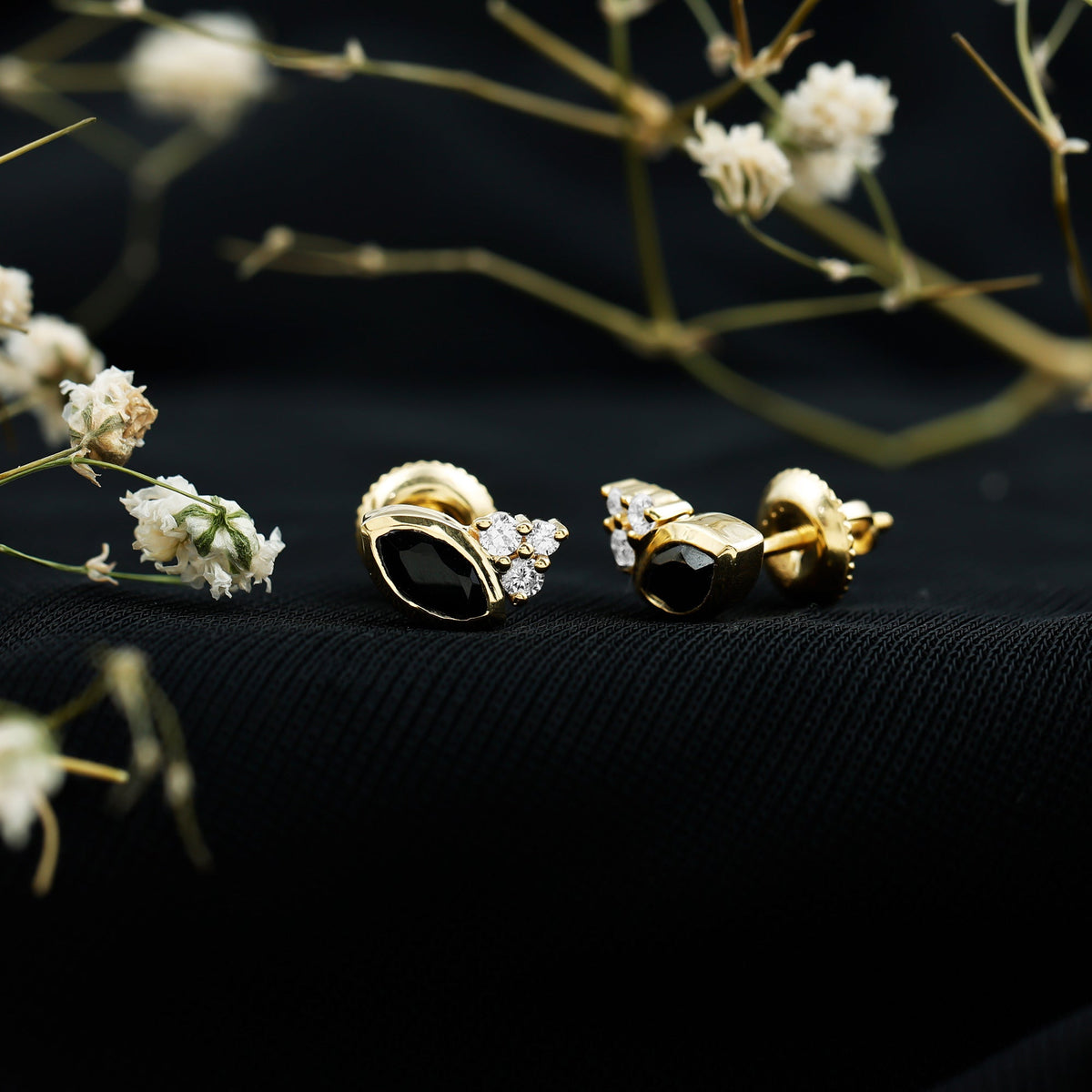 Marquise Cut Black Spinel Stud Earrings with Diamonds
