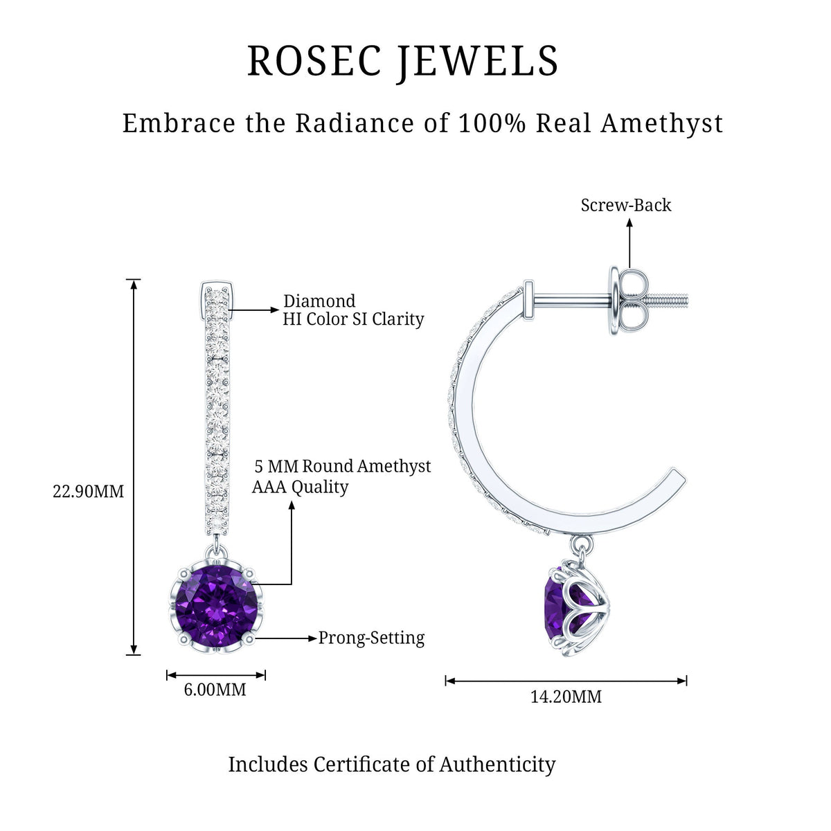 Natural Amethyst Hoop Drop Earrings with Diamond