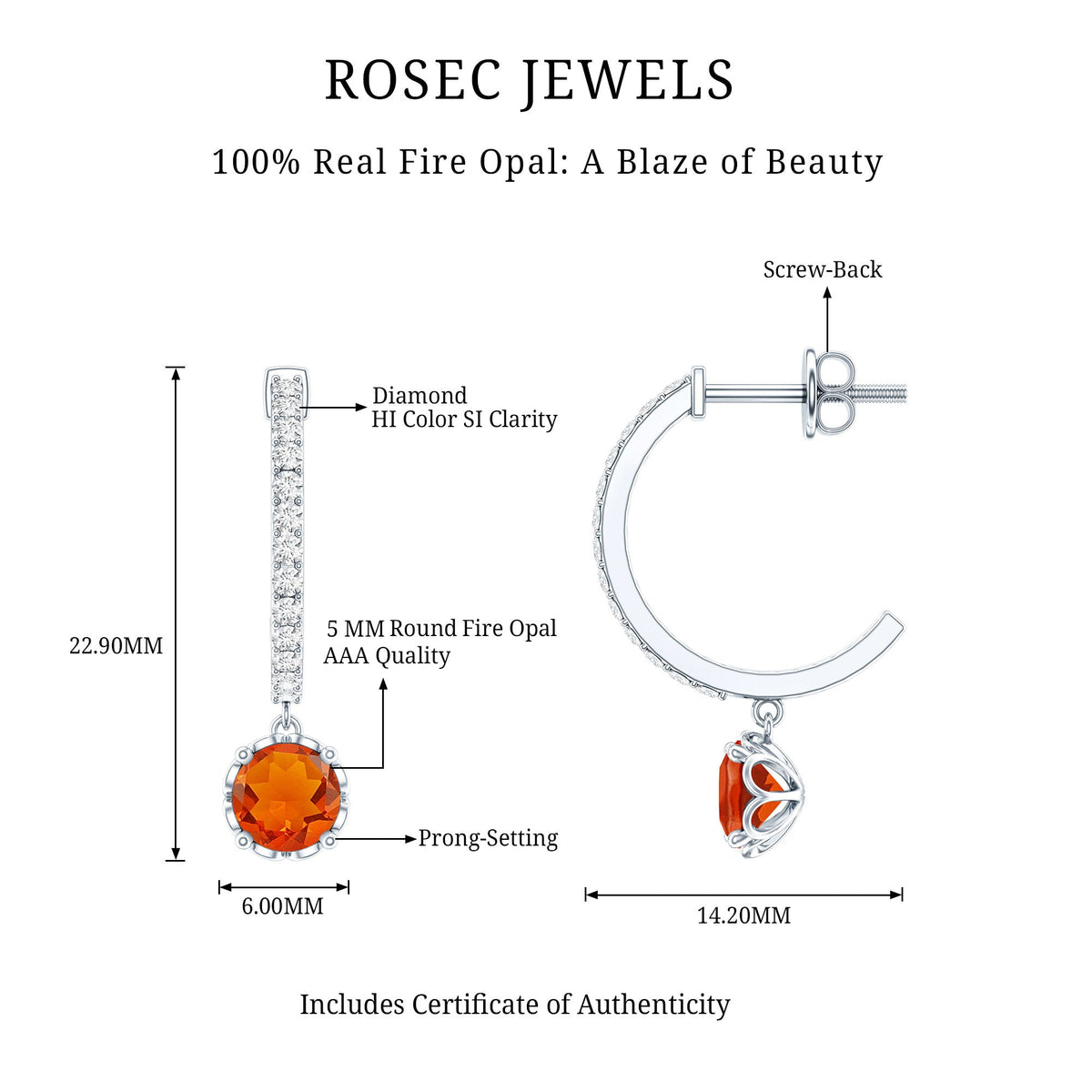 Certified Real Fire Opal Drop Hoop Earrings with Diamond