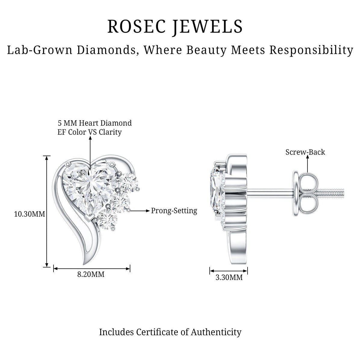 Heart Shape Lab Grown Diamond Minimal Stud Earrings with Screw Back