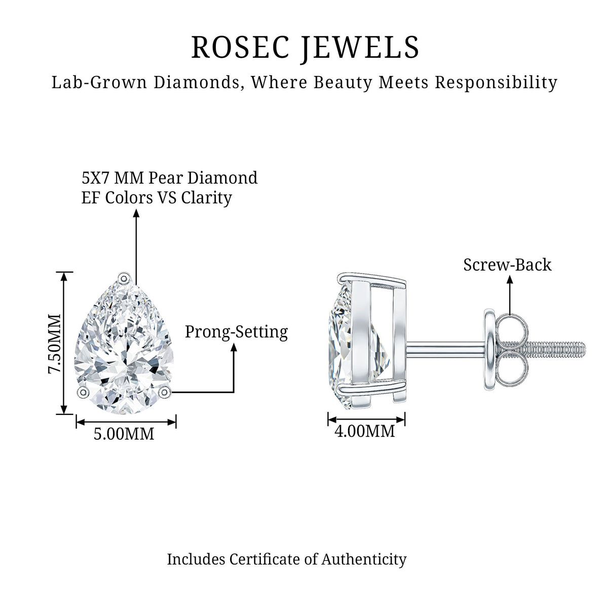 Pear Shape Lab Grown Diamond Solitaire Stud Earrings