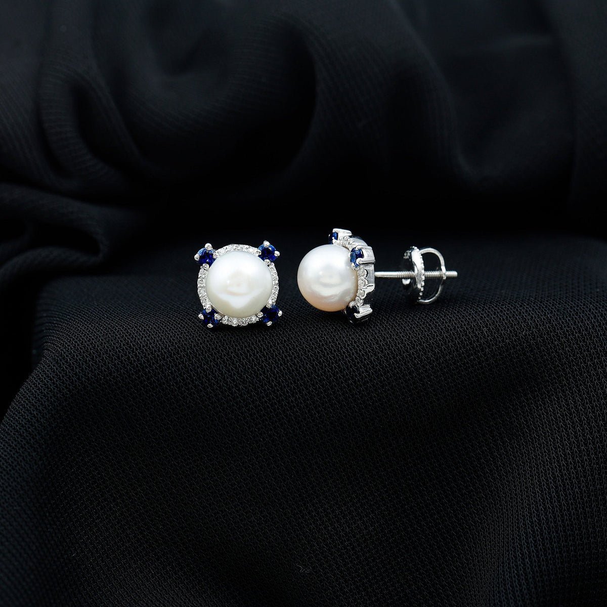Natural Freshwater Pearl Vintage Earrings With Blue Sapphire