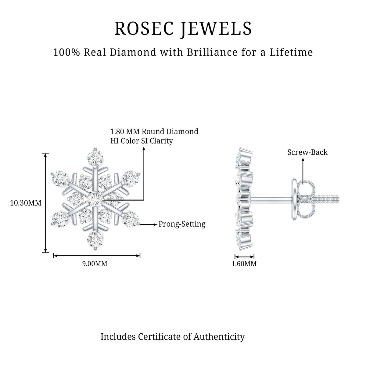 Certified Diamond Snowflake Stud Earrings with Screw Back