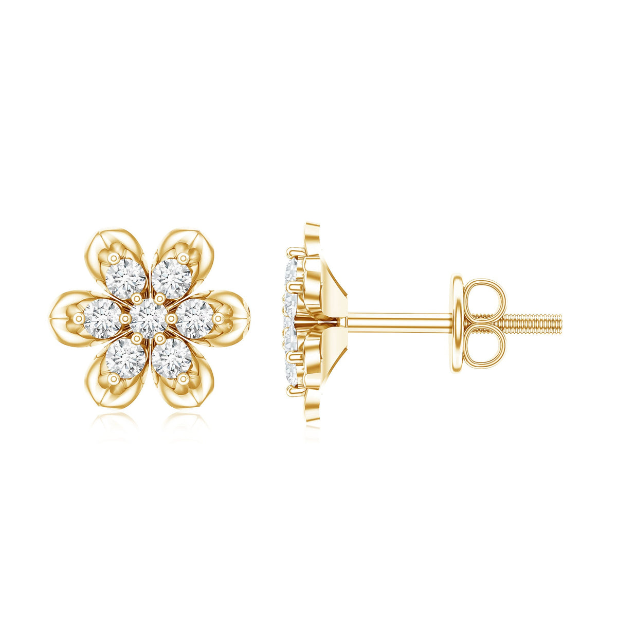 Brilliant Cut Diamond Flower Stud Earrings with Screw Back