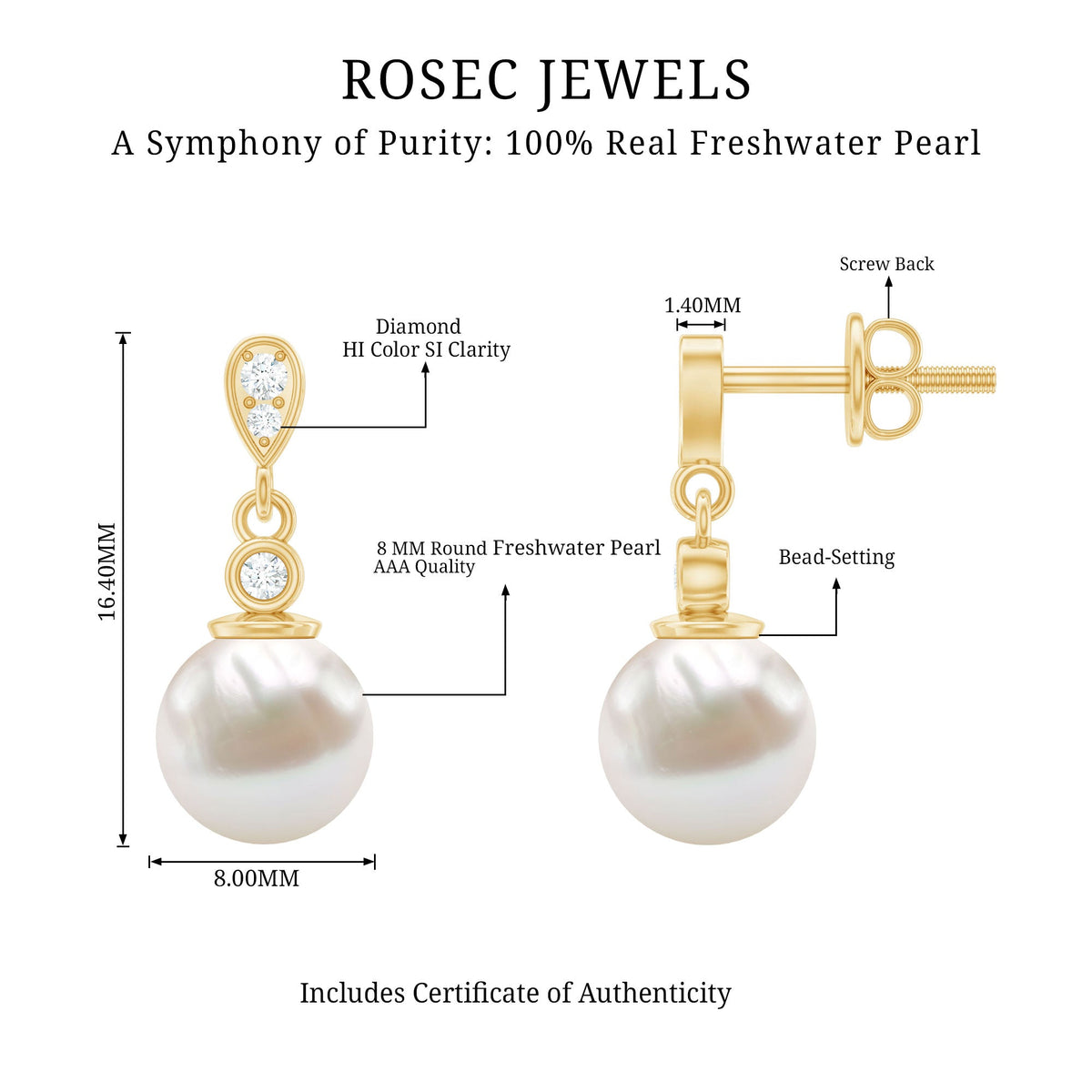 Natural Freshwater Pearl Drop Earrings with Diamond
