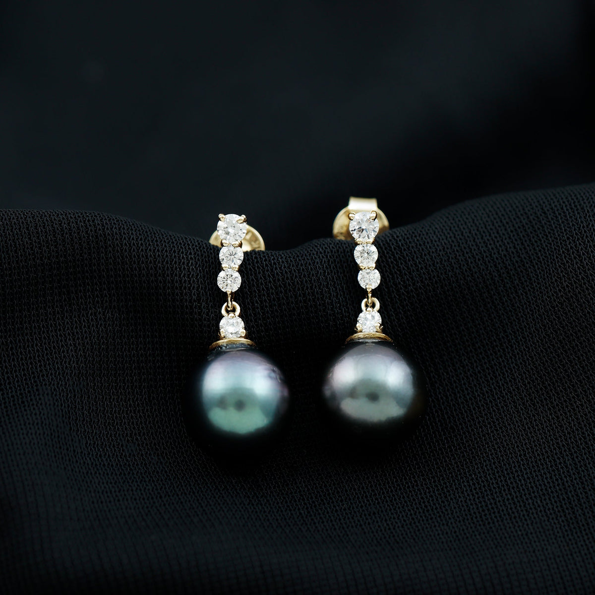 Certified Tahitian Black Pearl Drop Earrings with Diamonds