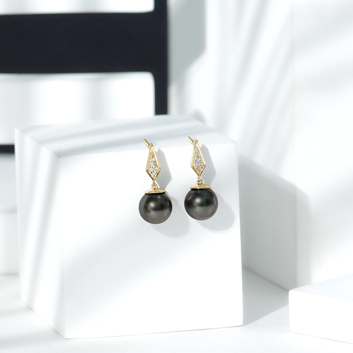 Art Deco Inspired Tahitian Pearl and Diamond Drop Earrings