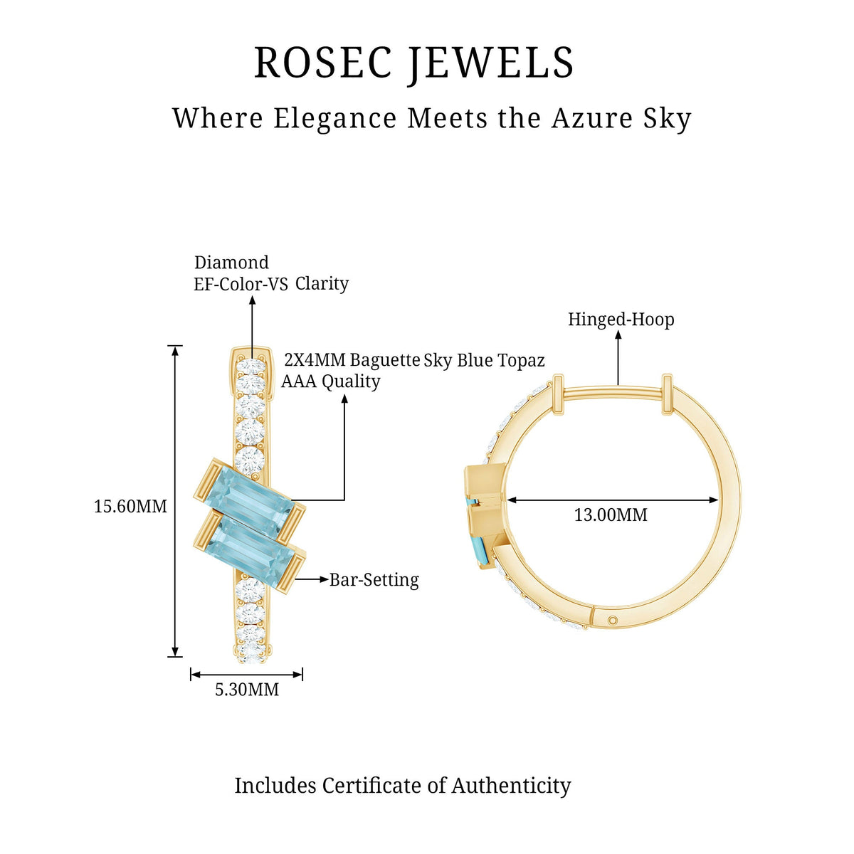 Natural Baguette Shape Sky Blue Topaz Diamond Hoop Earrings