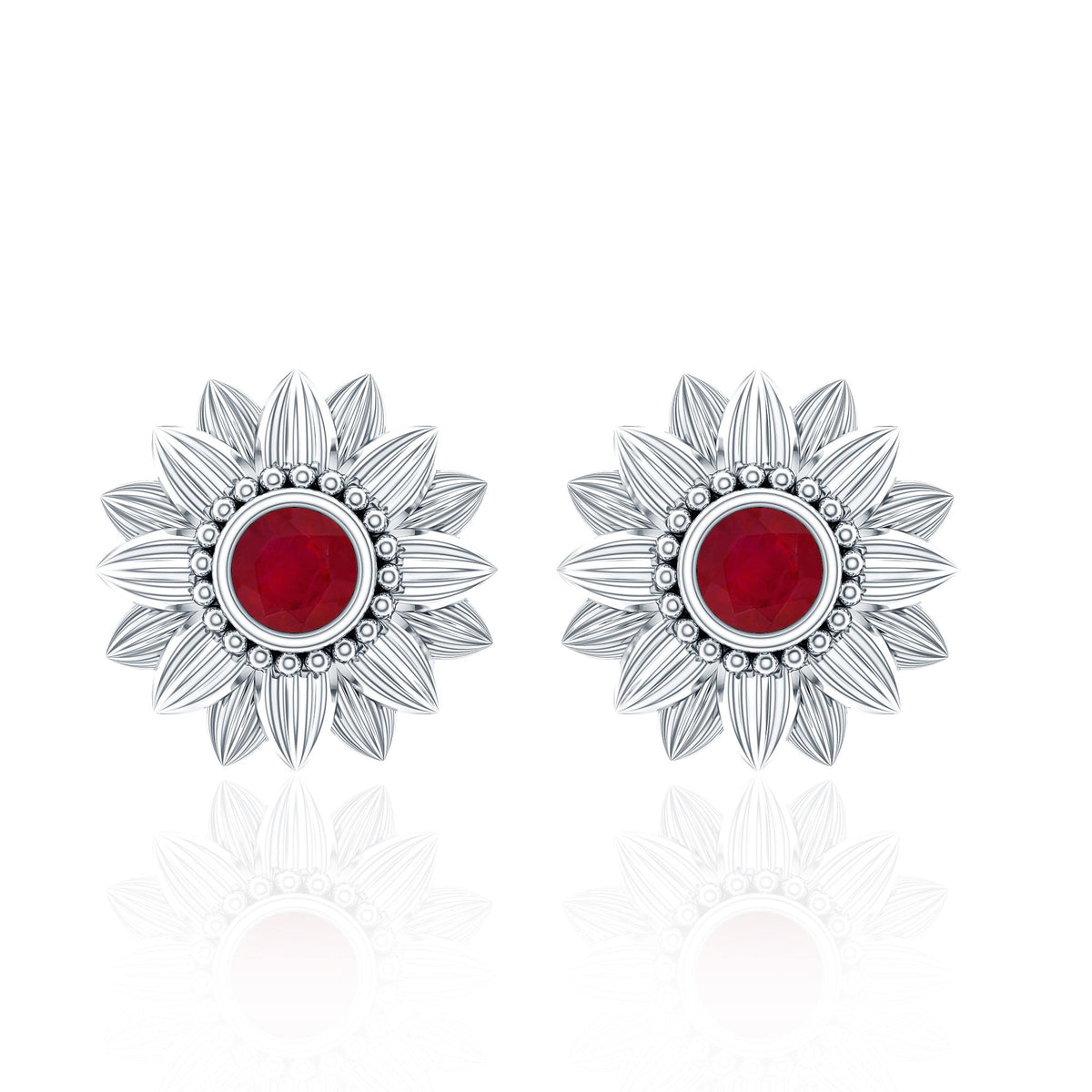 Bezel Set Real Ruby Flower Stud Earrings