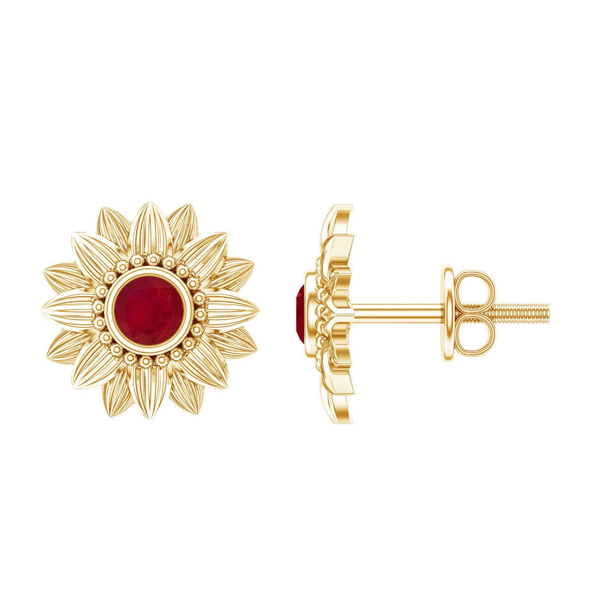 Bezel Set Real Ruby Flower Stud Earrings