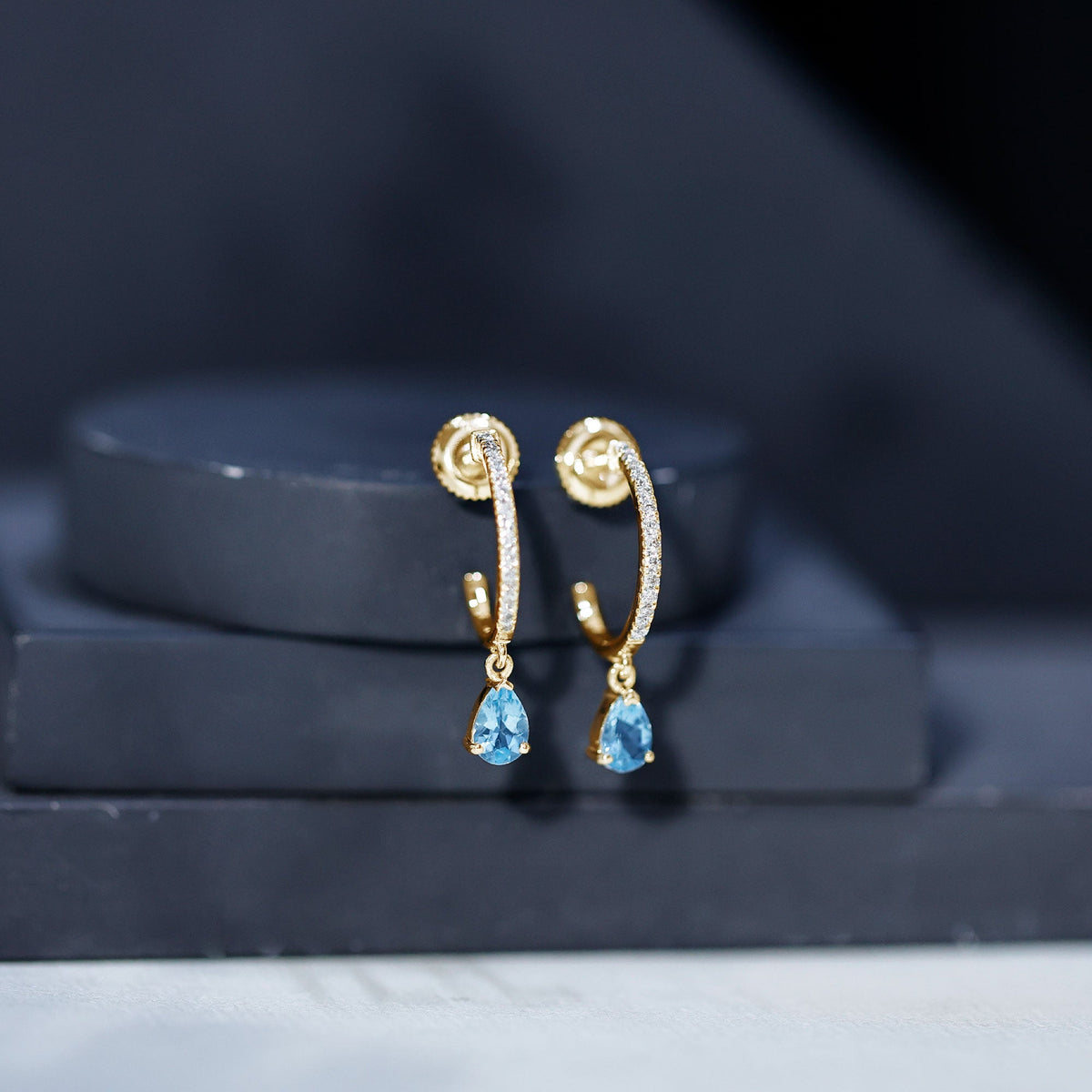Aquamarine and Diamond Hoop Drop Earrings