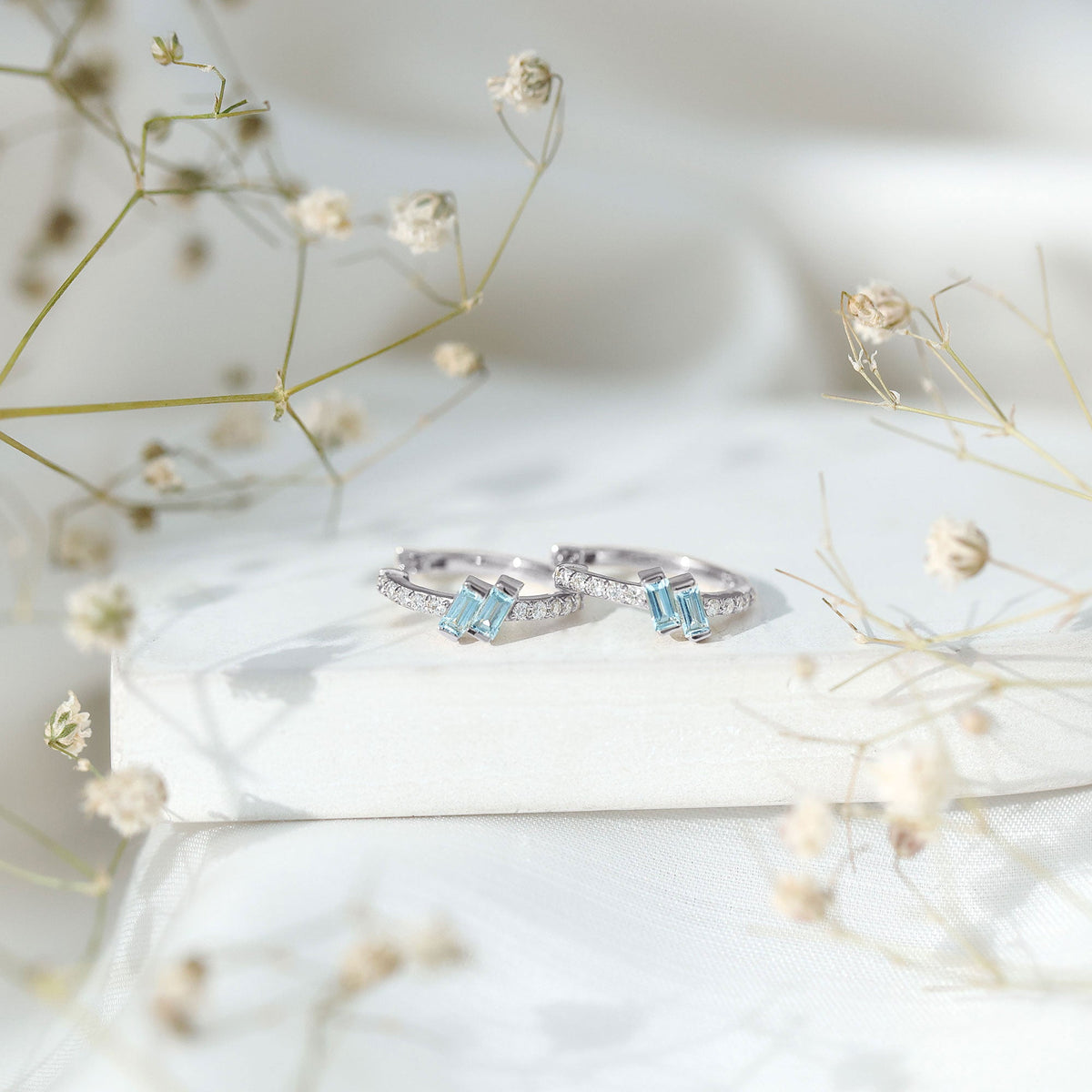 Natural Half Carat Aquamarine Hoop Earrings with Lab Diamond