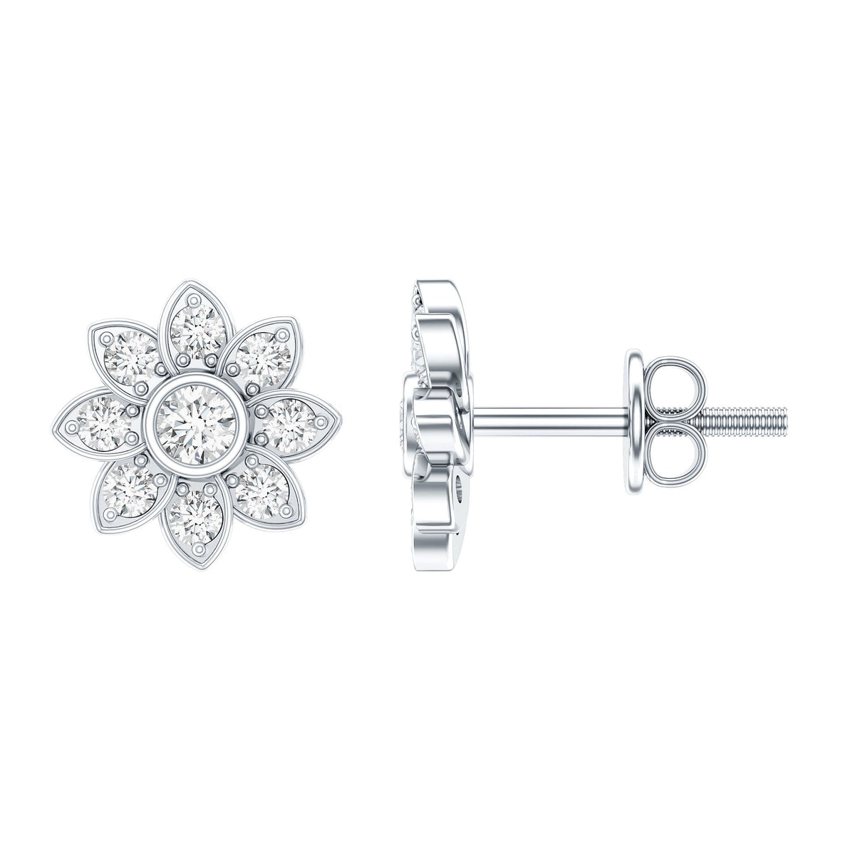 Diamond Flower Stud Earrings With Screw Back