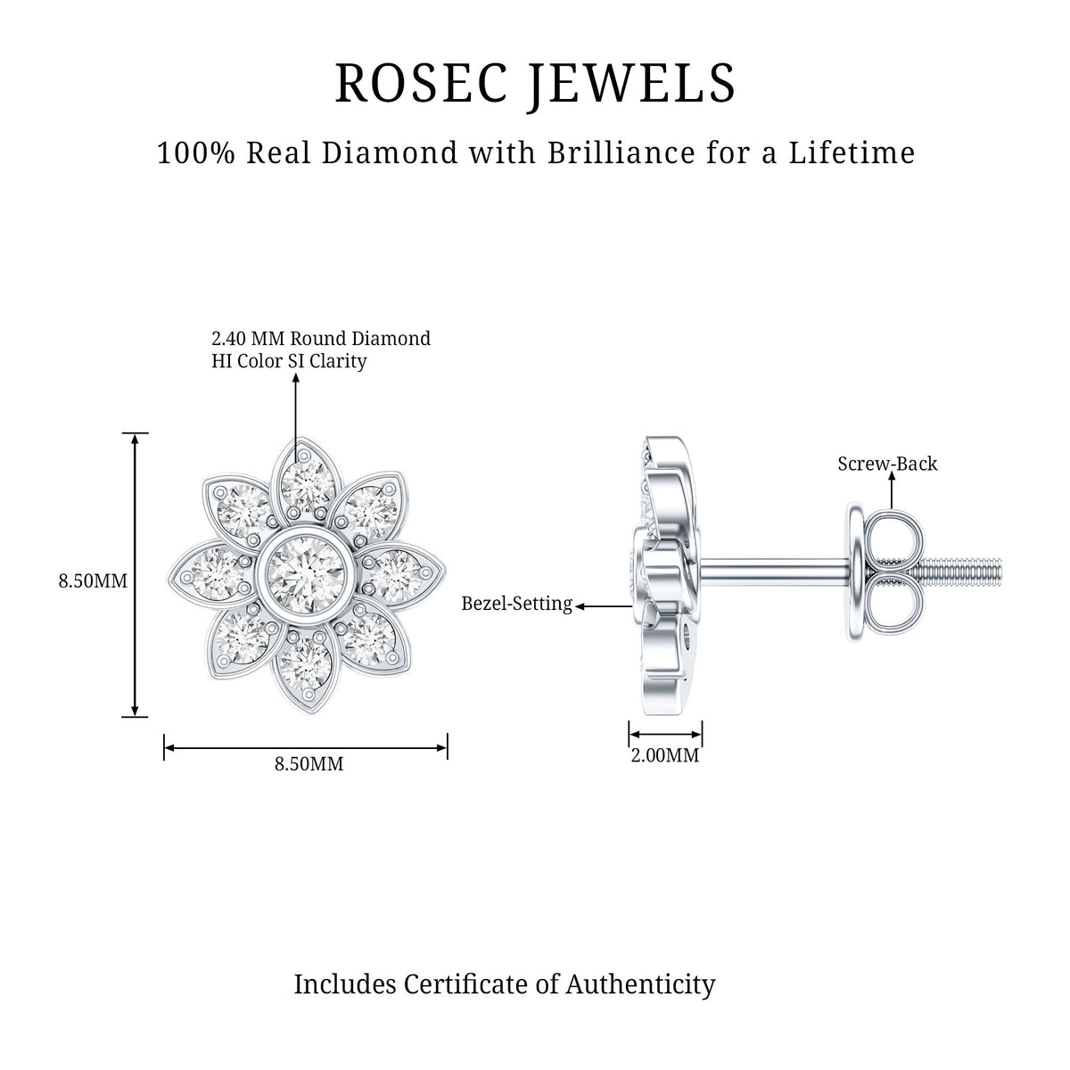 Diamond Flower Stud Earrings With Screw Back