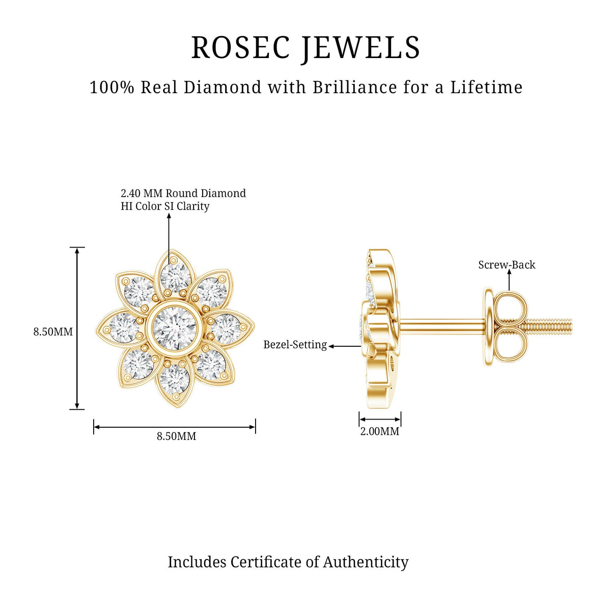 Diamond Flower Stud Earrings With Screw Back