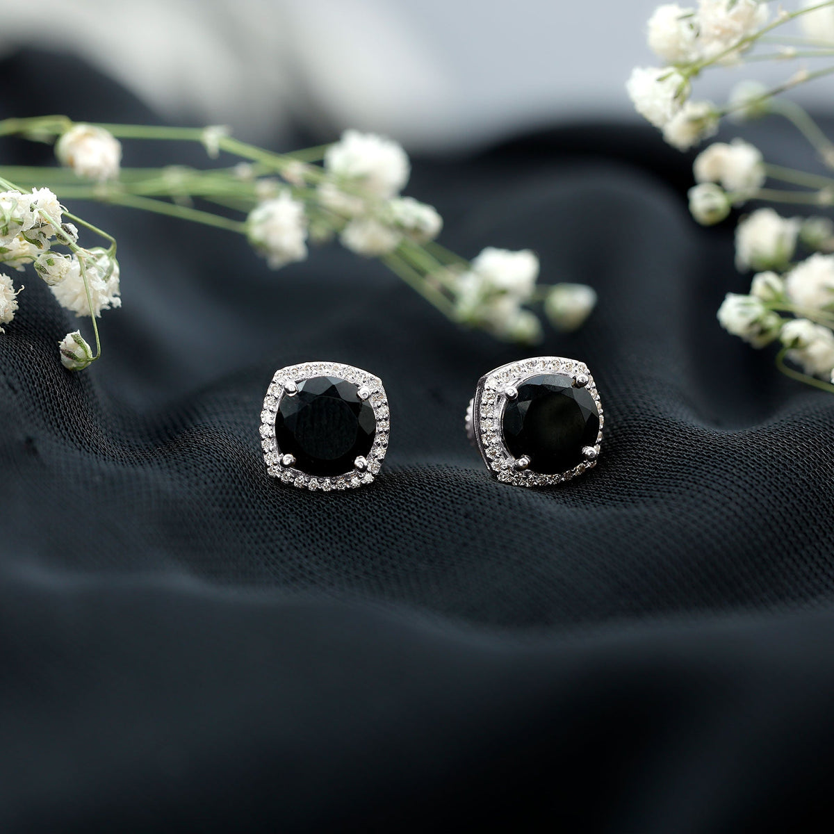 Vintage Black Onyx Stud Earrings with Diamond Halo