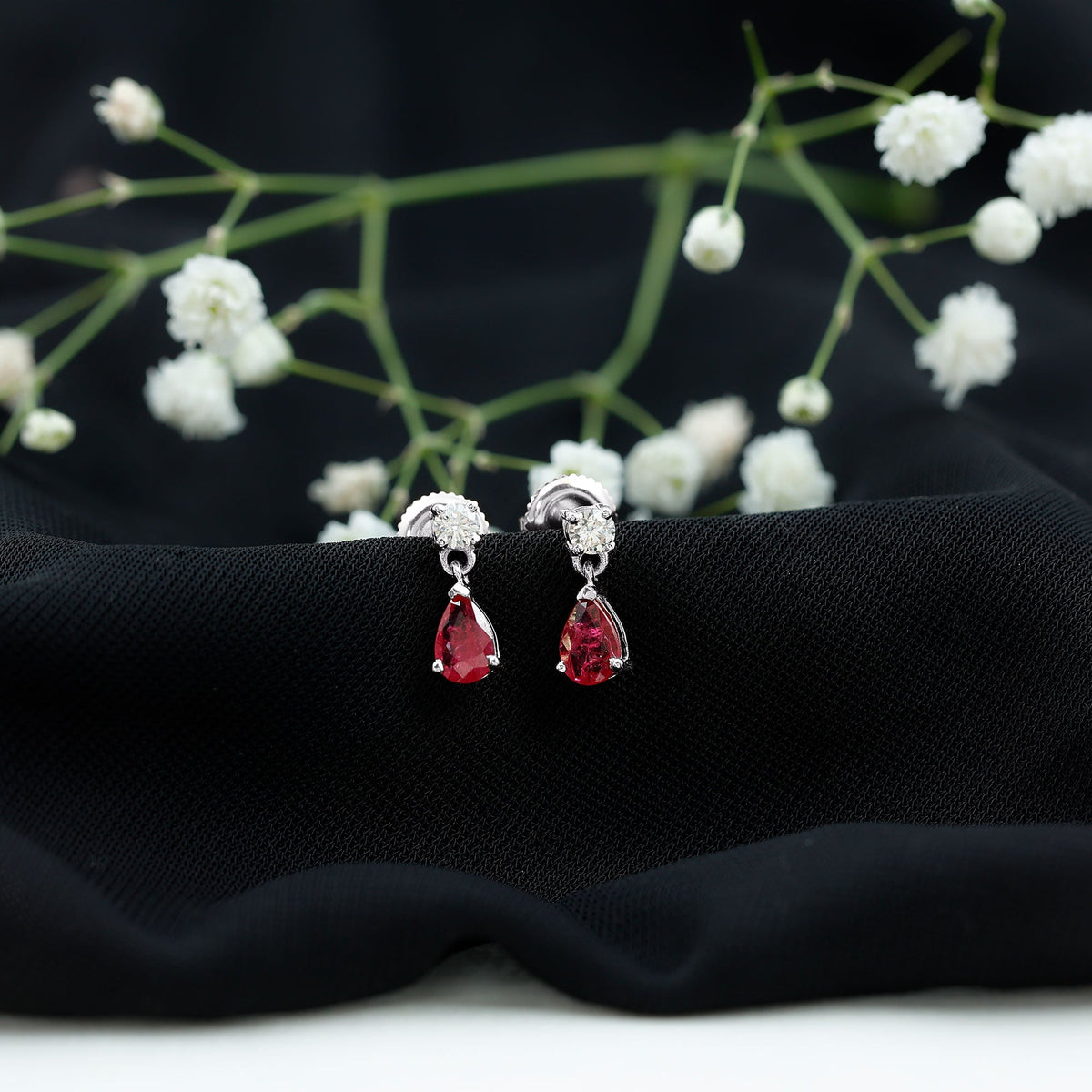 Natural Ruby Teardrop Drop Earrings with Lab Grown Diamond