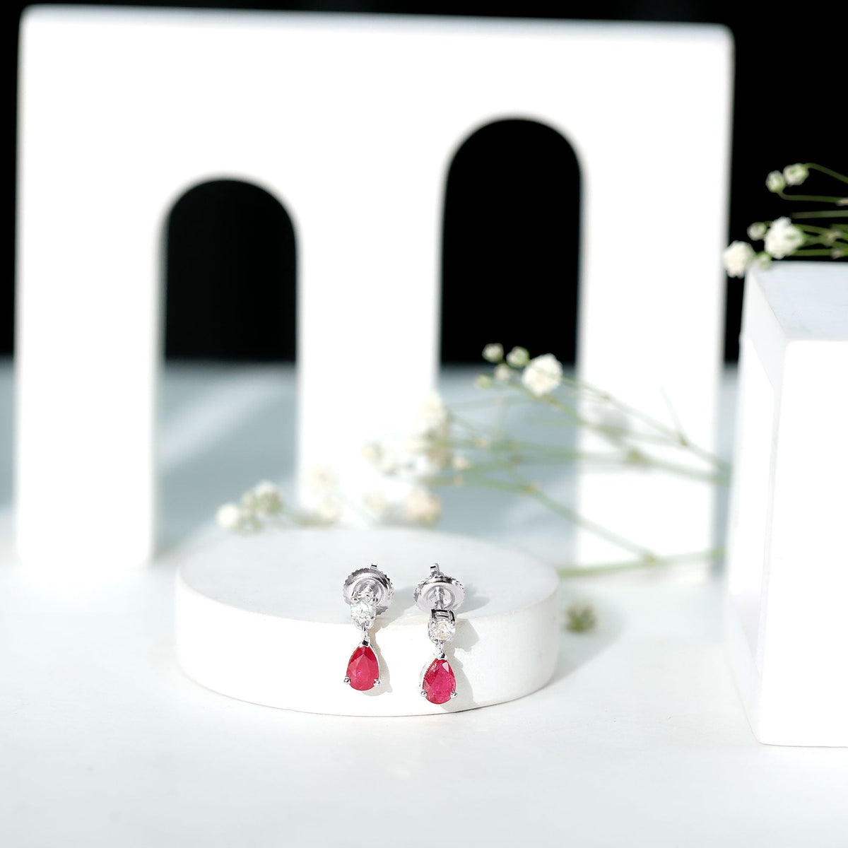 Natural Ruby Teardrop Drop Earrings with Lab Grown Diamond