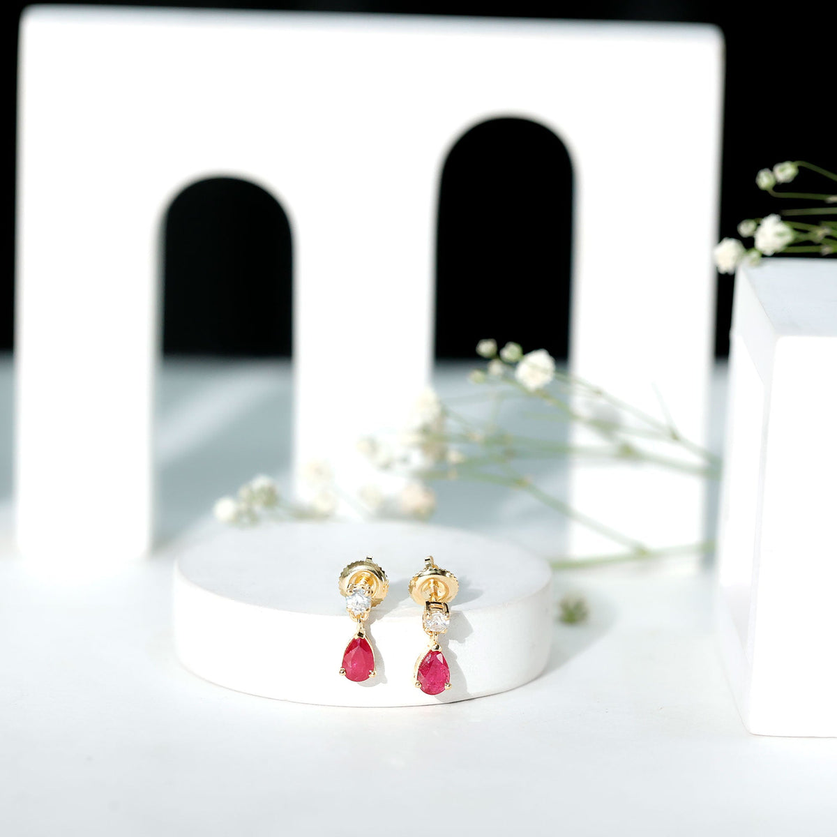 Natural Ruby Teardrop Drop Earrings with Lab Grown Diamond