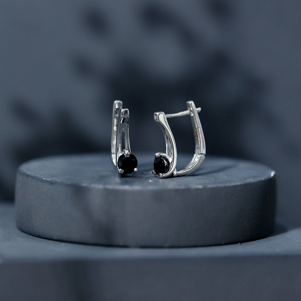 Natural Black Onyx J Hoop Earrings with Latch Back