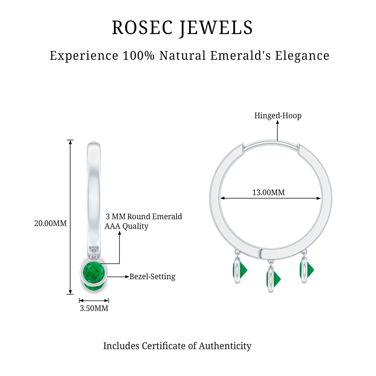 Certified Real 3 Stone Emerald Drop Hoop Earrings