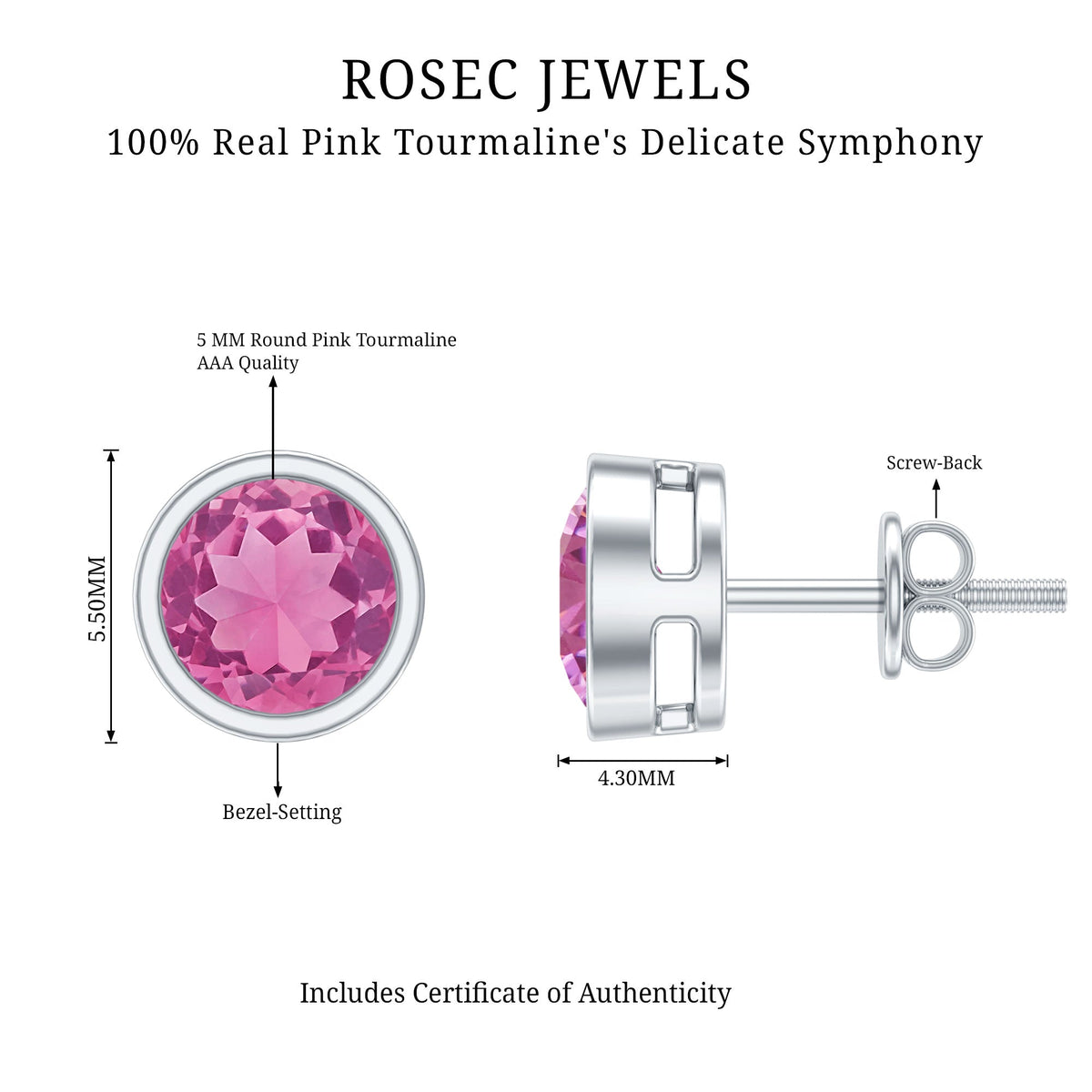 Round Pink Tourmaline Solitaire Stud Earrings