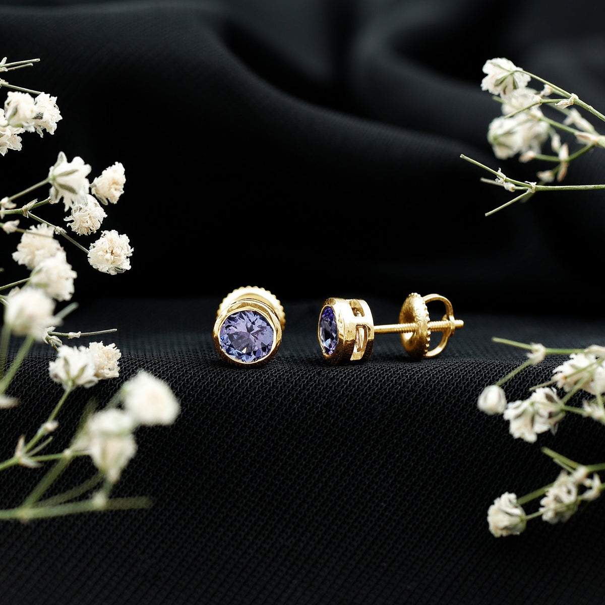 Natural 1 Carat Blue Tanzanite Solitaire Stud Earrings in Bezel Setting