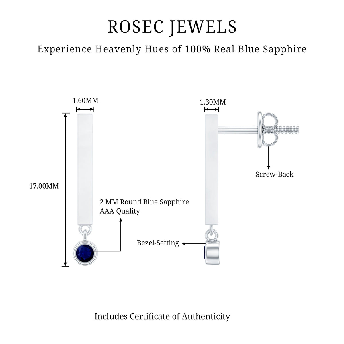 Round Blue Sapphire Bar Drop Earrings for Women