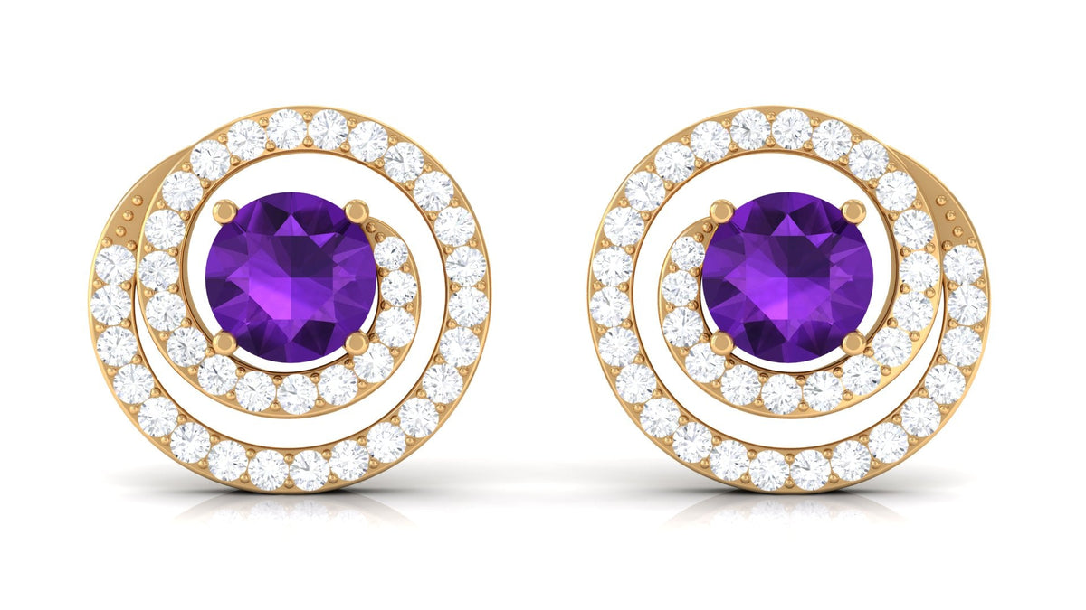 Natural Amethyst Diamond Swirl Earrings with Screw Back