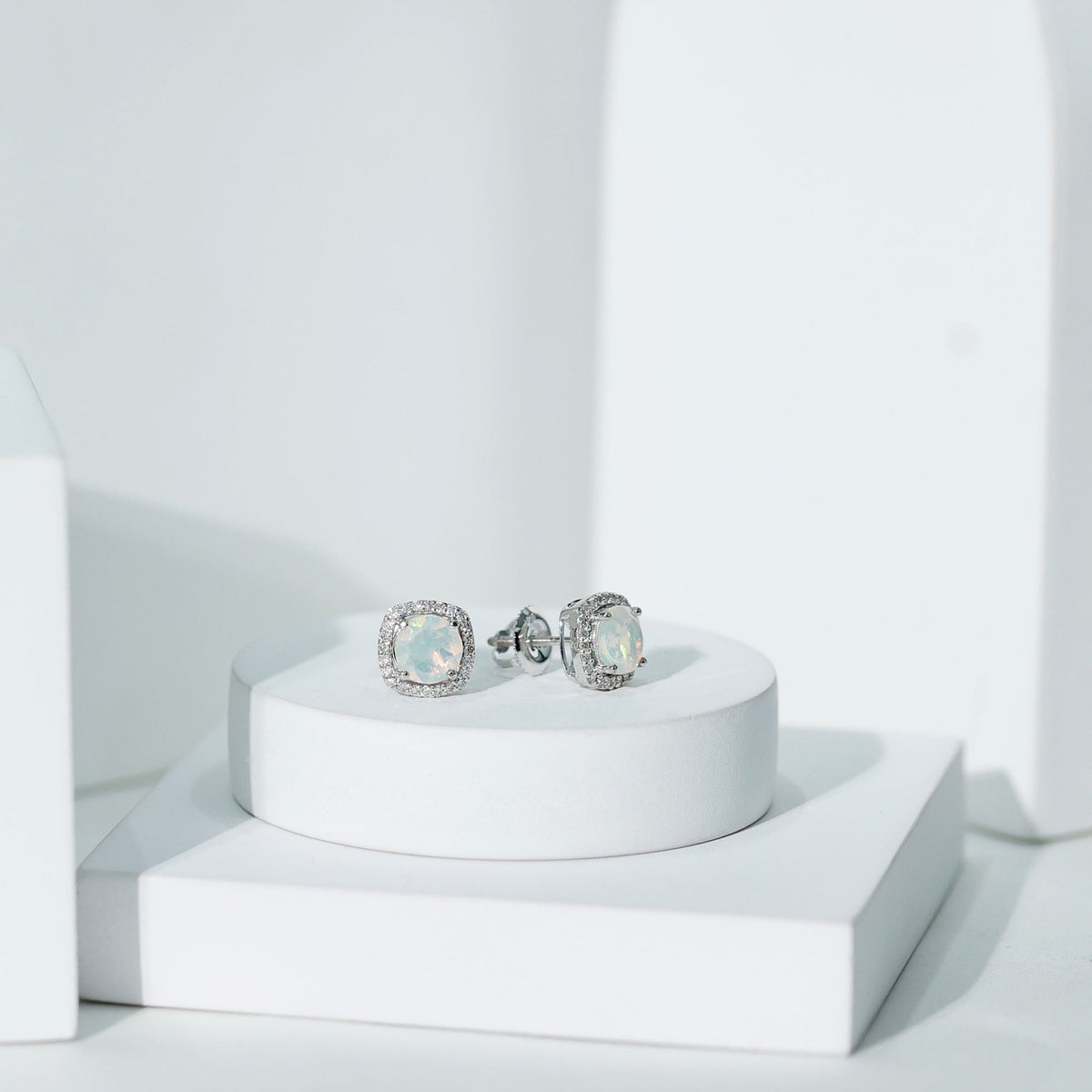 Real 1.6 Carat Ethiopian Opal and Diamond Halo Stud Earrings
