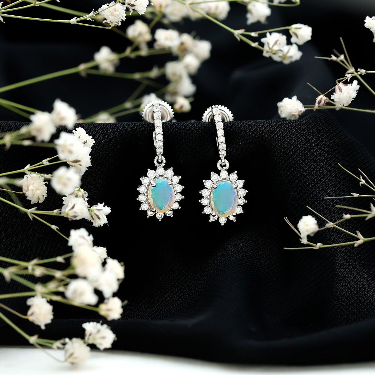 Genuine Ethiopian Opal and Moissanite Hoop Drop Earrings
