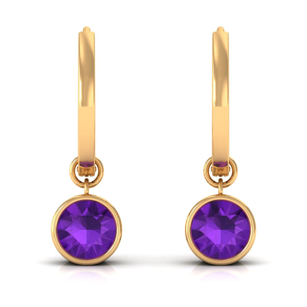 Certified Natural Amethyst Hoop Drop Earrings in Bezel Setting