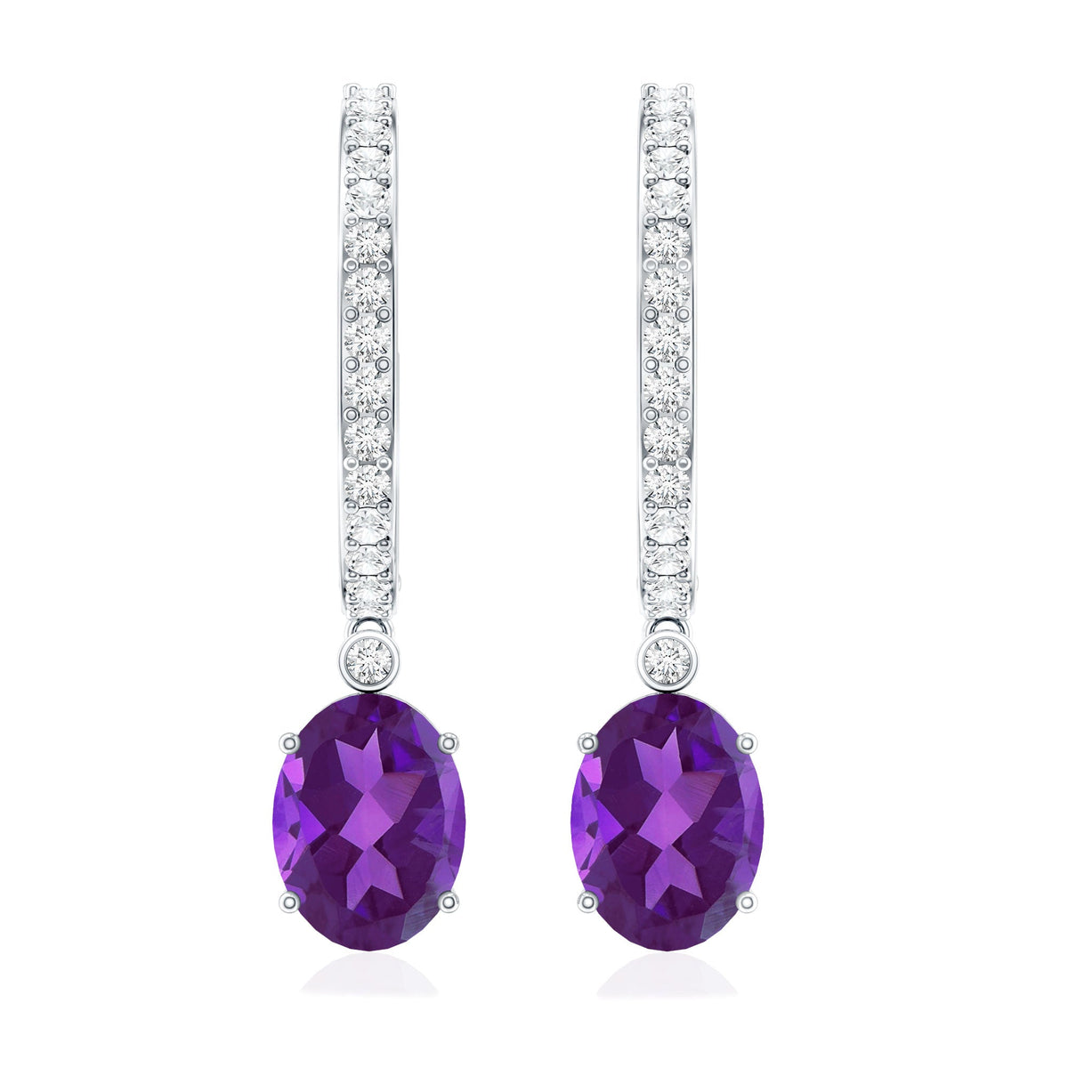 Real 2.2 Carat Oval Amethyst Diamond Hoop Earrings With Diamonds