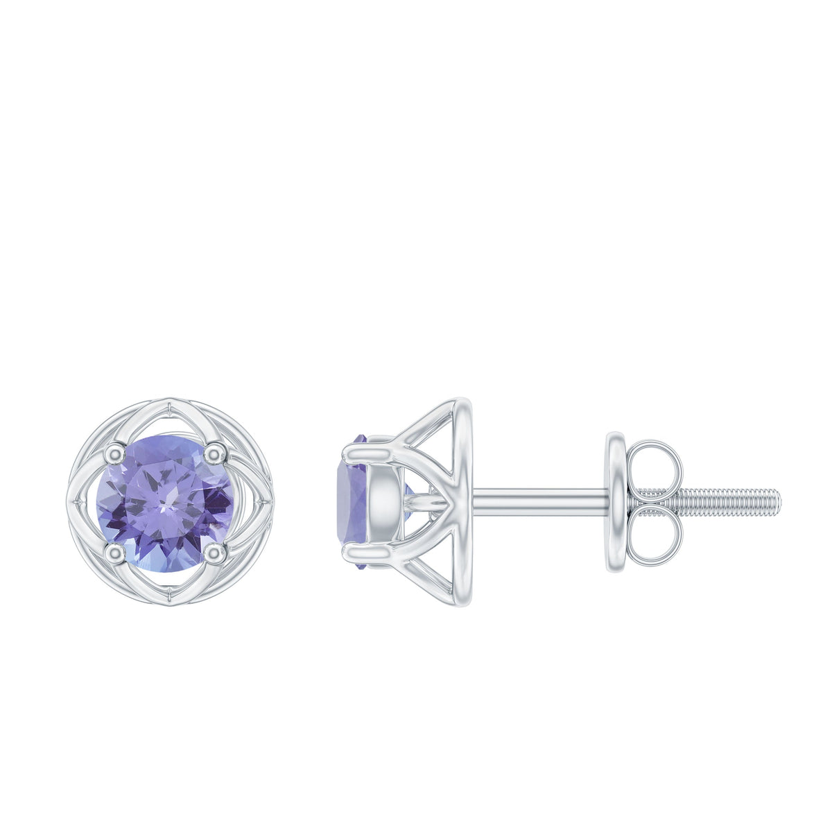 Round Tanzanite Solitaire Flower Stud Earrings