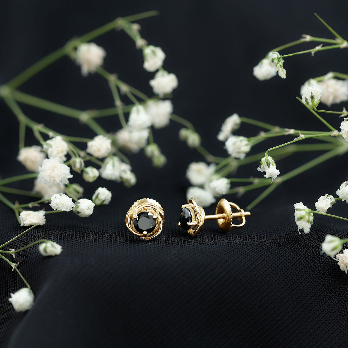 0.9 Carat Black Spinel Swirl Stud Earrings with Screw Backs