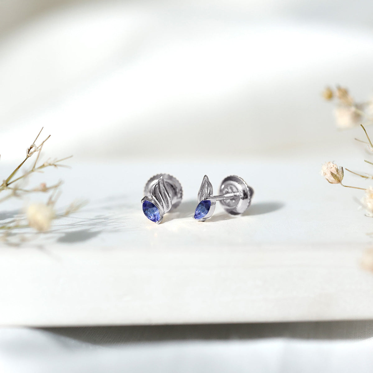 Natural Marquise Tanzanite Leaf Earrings with Screw Back