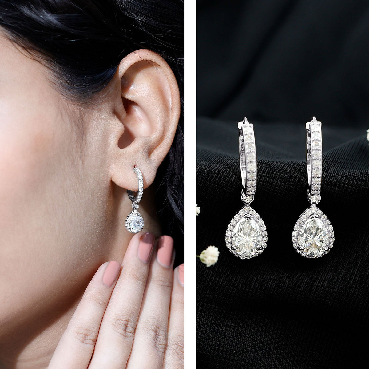 Certified Moissanite Teardrop Earrings with Hinged Hoop
