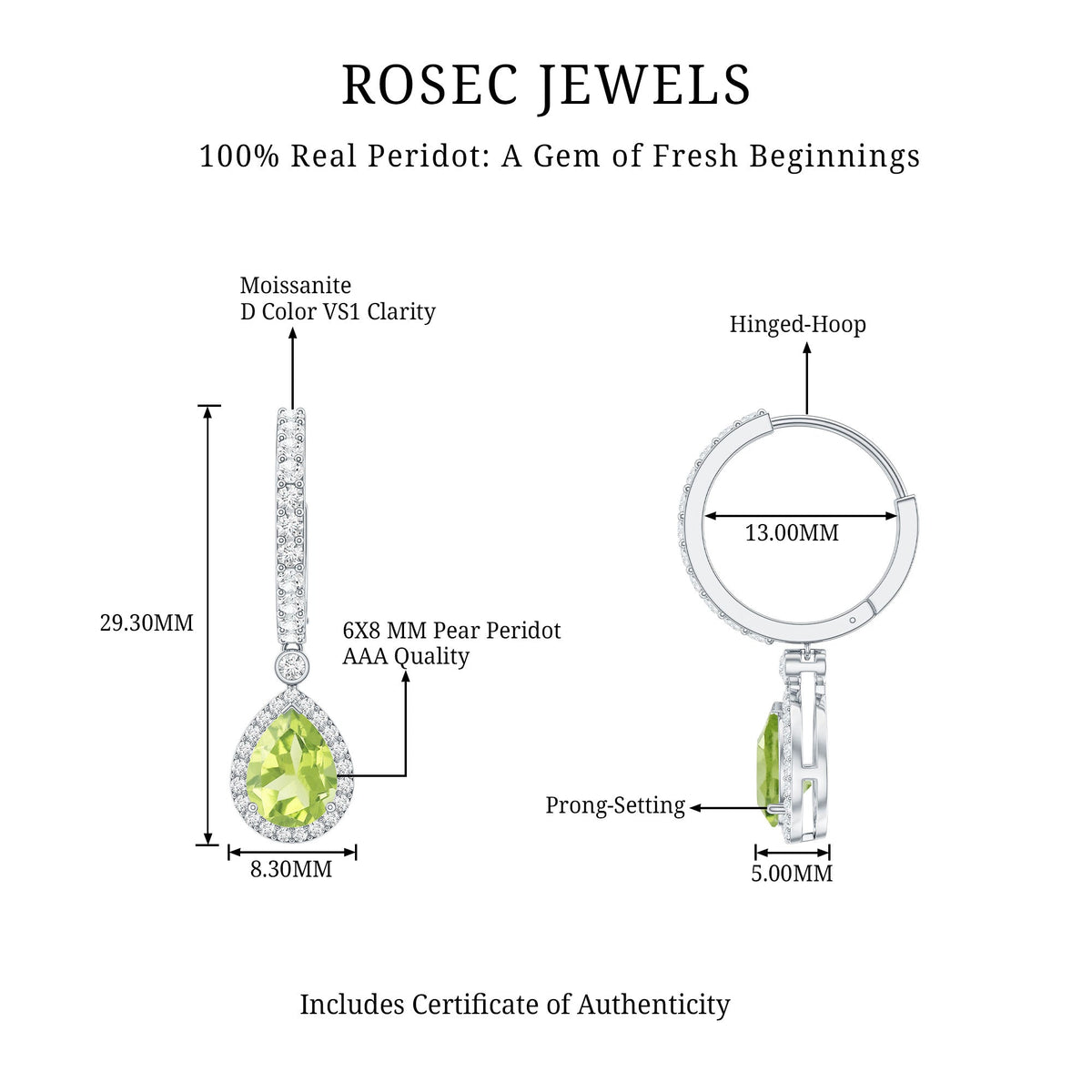 Classic 2 Carat Peridot Teardrop Earrings with Moissanite Hinged Hoop