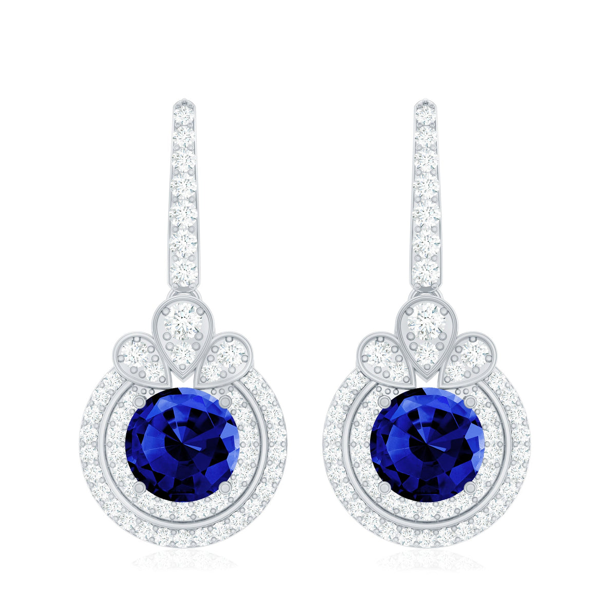 Classic Lab Grown Blue Sapphire Wedding Earrings with Diamonds Halo