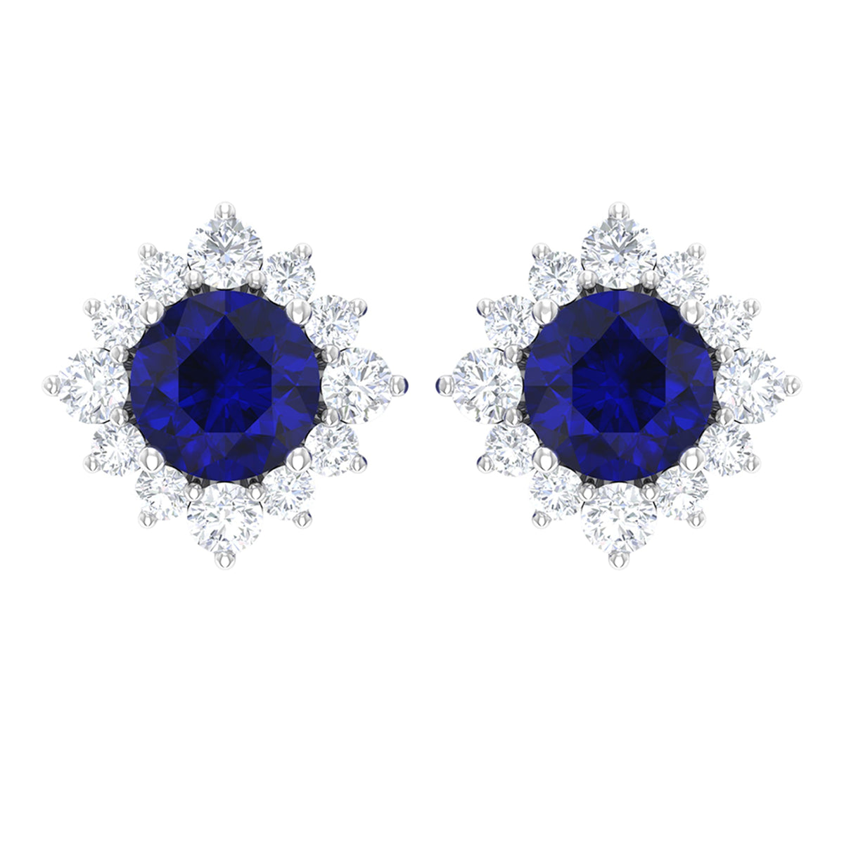 Genuine 0.8 Carat Blue Sapphire Stud Earrings with Diamond Halo