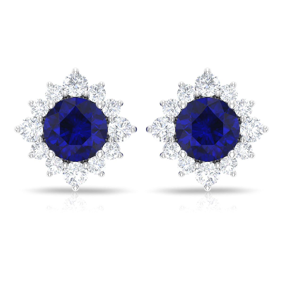Genuine 0.8 Carat Blue Sapphire Stud Earrings with Diamond Halo