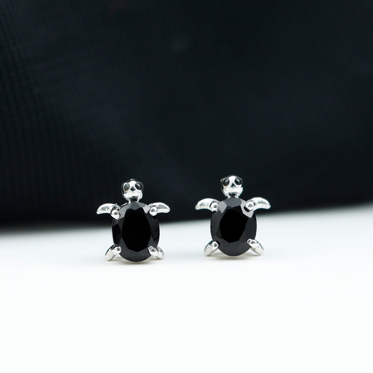 Oval Shaped Black Onyx Turtle Stud Earrings
