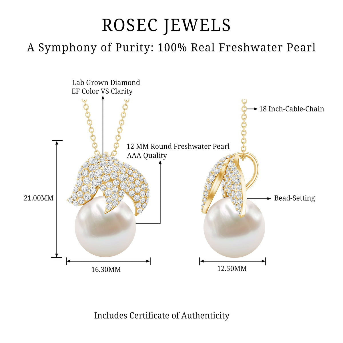 Certified Freshwater Pearl Bridal Necklace with Lab Diamond