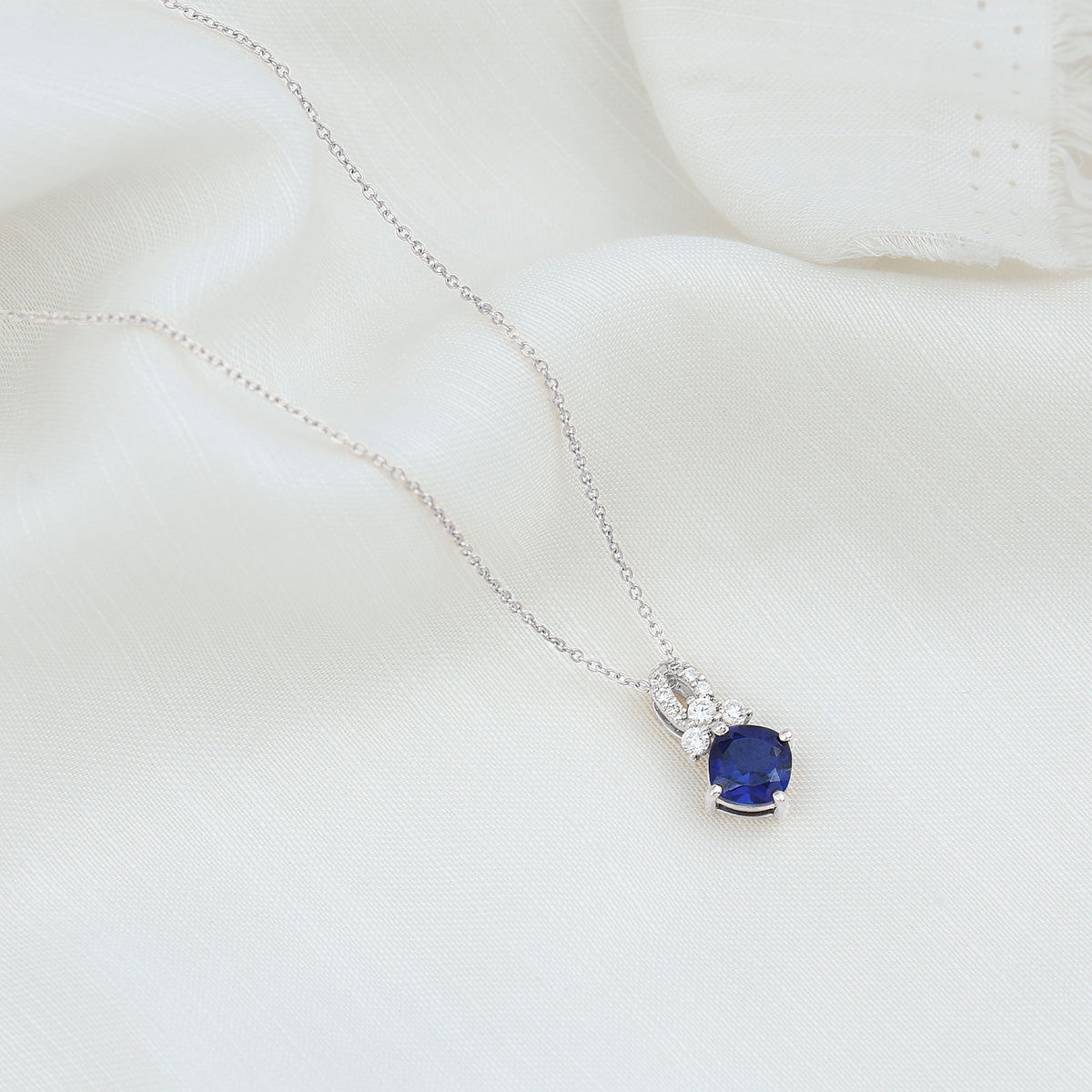 Cushion Cut Lab Grown Blue Sapphire Solitaire Necklace with Diamond