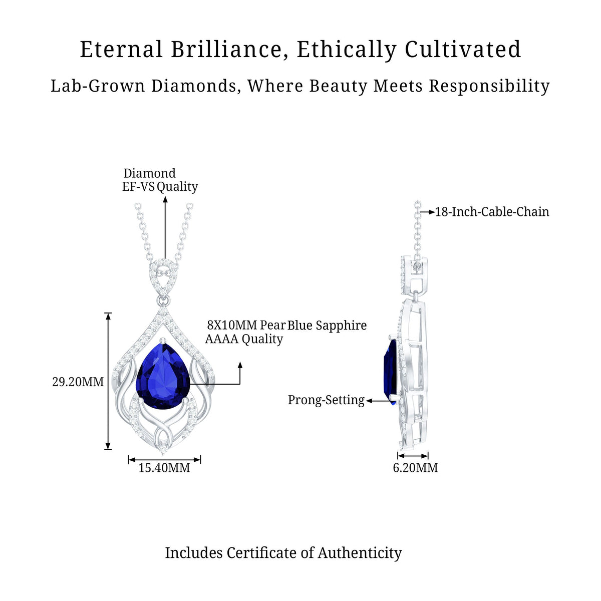 Certified Lab Grown Blue Sapphire Designer Necklace with Diamond Accent