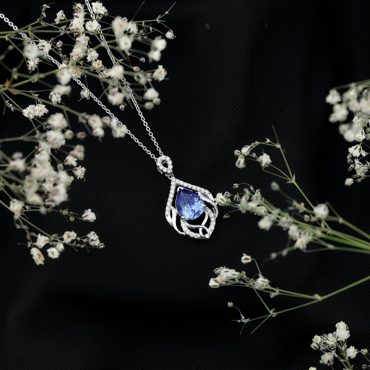 Certified Lab Grown Blue Sapphire Designer Necklace with Diamond Accent