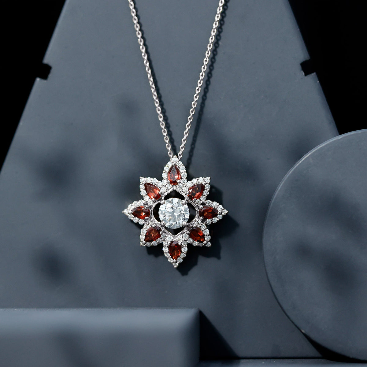 Certified Lab Grown Diamond Flower Pendant With Garnet